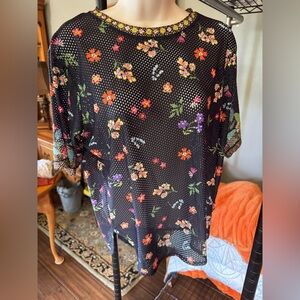 Black Floral Mesh S/S Floral Tee by Johnny Was “Samantha” Sz 8 NWT